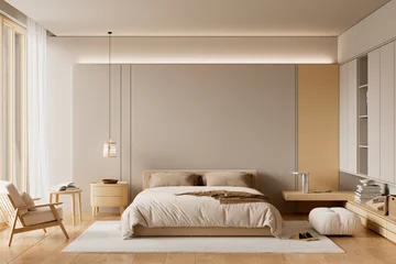 Fototapete Japandi Japandi bedroom interior with beige tones, wooden furniture, soft lighting and minimalist design creating cozy modern neutral sleeping space. 3D illustration  © Salih