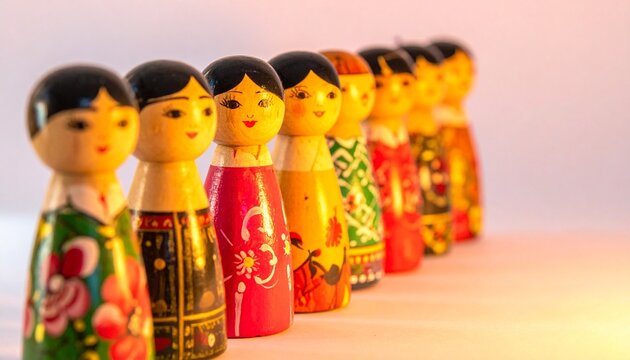 A diagonal row of colorful kokeshi dolls glows warmly, each unique in design yet united in form, symbolizing cultural artistry, individuality, and shared heritage.