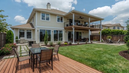 Fototapeta premium A charming modern house exterior featuring a patio, chairs, and a well-maintained lawn under a cloudy blue sky. 