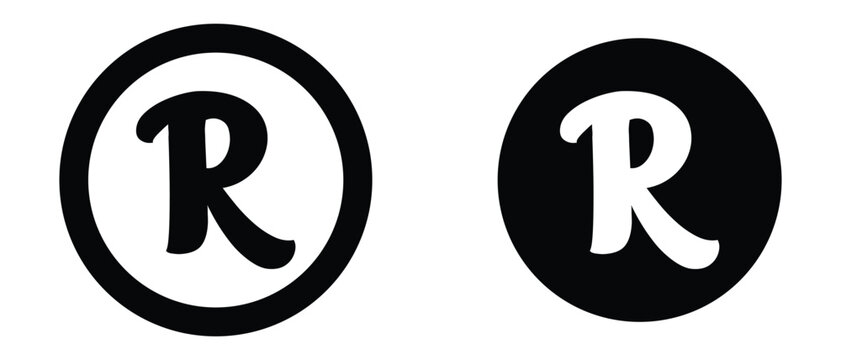 Registered trademark R symbol icons in outline and solid glyph style, legal protection sign for brand identity isolated on white background