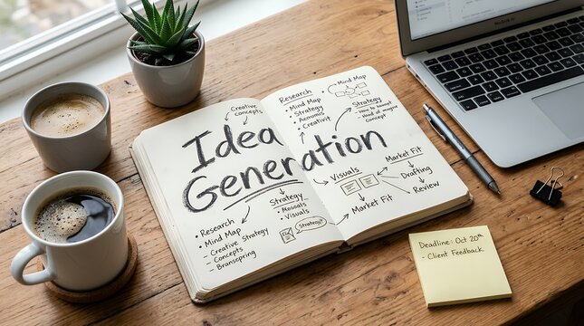 Overhead view of an open notebook displaying Idea Generation with mind maps and notes accompanied by coffee cups and a laptop on a wooden desk brainstorming creativity innovation