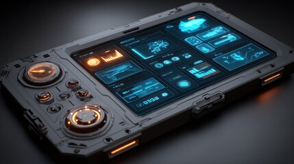 Obraz premium Futuristic Gaming Device with Advanced Holographic Display and Controls.