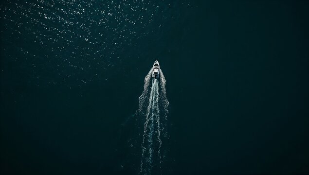 An aerial view of a boat gliding on calm water, leaving a trail behind
