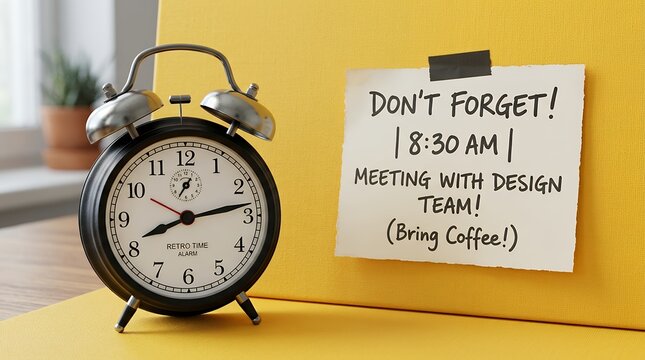 Retro alarm clock stands next to a handwritten note reminding about a 8 30 AM meeting with the design team advising to bring coffee time reminder schedule appointment morning