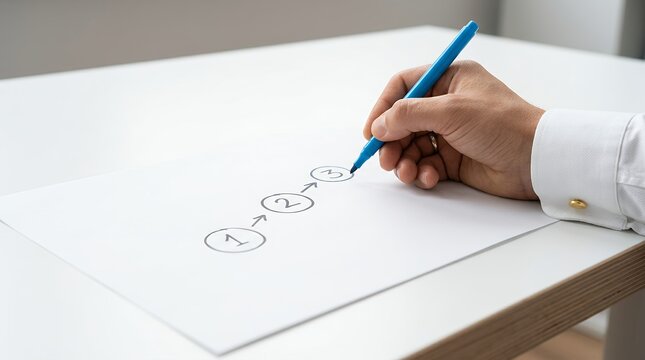 A person's hand wearing a white shirt with gold cufflinks holds a blue pen and marks a step in a numbered list on white paper process planning checklist strategy workflow