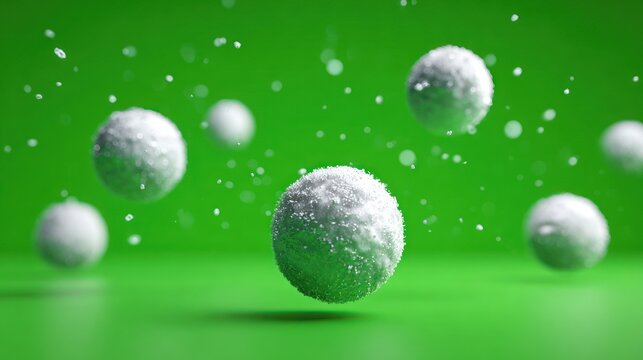 Floating snowballs on green backdrop winter concept for design projects