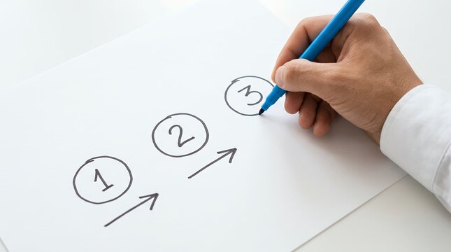 A hand holding a blue marker draws numbered circles 1 2 and 3 with connecting arrows on white paper planning process strategy step sequence workflow decision task list progress