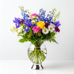 Fototapeta premium Colorful bouquet of fresh flowers in a clear glass vase