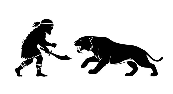 Primitive warrior and saber toothed tiger silhouette illustration