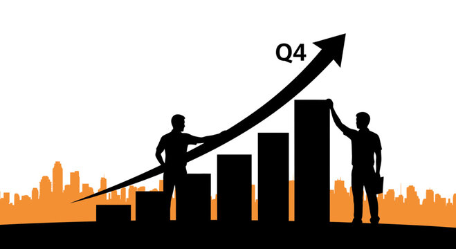 Q4 business growth concept with team working on rising bar chart