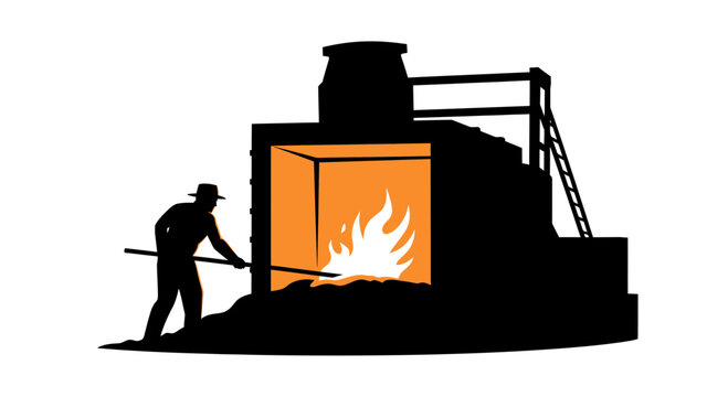 Silhouette of industrial worker tending a hot furnace vector
