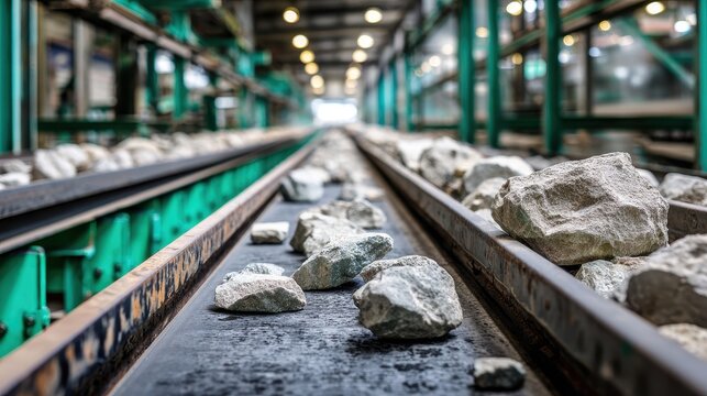 Industrial conveyor belt transporting raw stones and minerals in a processing factory