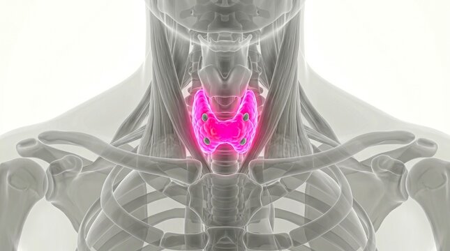 Anatomical illustration of the human larynx and thyroid gland, highlighted in pink, showing surrounding musculature and skeletal structures of the neck and upper chest.