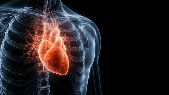 Human chest X ray with illuminated heart inside ribcage on dark background, medical imaging concept, heart disease awareness, healthcare diagnosis, cardiology care.