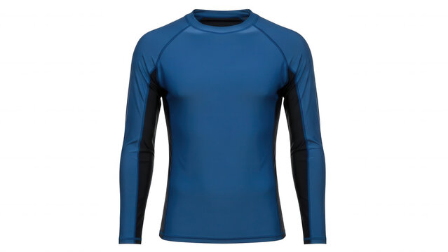 A blue long-sleeve compression shirt with black side panels, isolated on a solid black background, front view of athletic sportswear