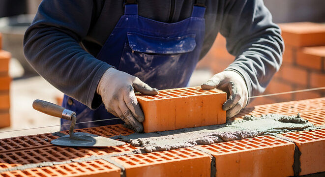 Closeup of a professional mason laying red clay bricks with mortar on a construction site using a trowel and string line for precise wall building and masonry work