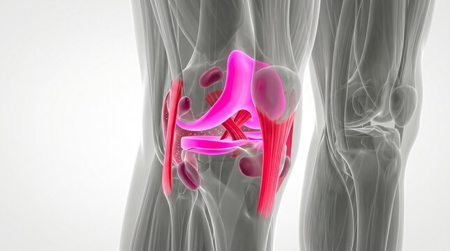 Anatomical illustration highlighting the anterior cruciate ligament (ACL) and meniscus within the human knee joint.
