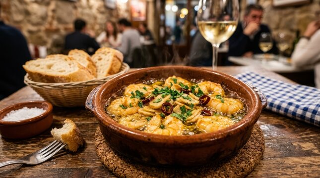 Deliciously prepared garlic shrimp served with crusty bread and white wine in a cozy restaurant setting.