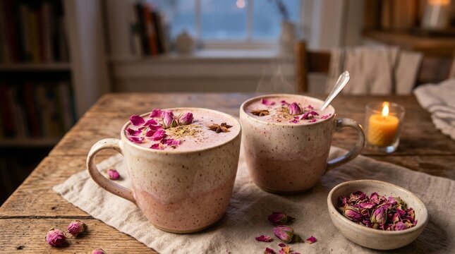 Cozy mugs of warm rose latte with dried petals and candle for a relaxing evening.