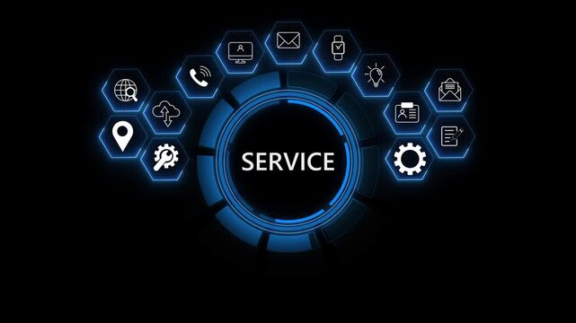 Customer service and support solution concept with icons animated. Communication assistance with customer support tools. animation on transparent background,