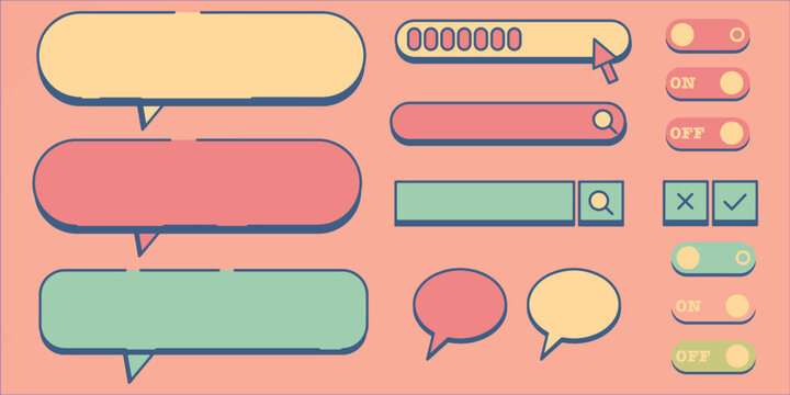 Retro User Interface Elements Set with Pastel Pop Art Style Speech Bubbles Progress Bars Search Icons Toggles Buttons on Peach Background