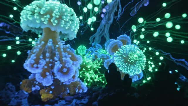 Vibrant, glowing underwater reef coral, sea anemone, marine aquatic ocean depths. Intricate bioluminescent life reflects complex neural network, profound digital thought, and mysterious beauty