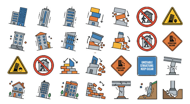 A collection of construction safety signs and industrial warning icons including hazard symbols and restricted activity indicators.