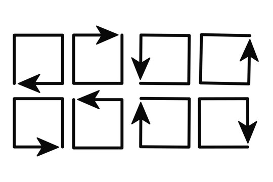 A set of eight hand-drawn black square arrows showing various directions, perfect for flowcharts, diagrams, and minimalist design projects.