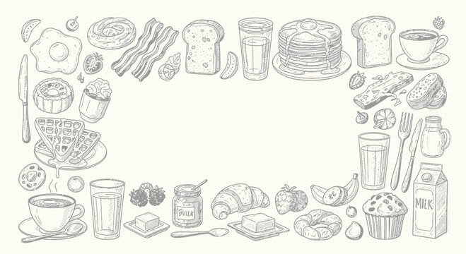 delicious breakfast food and drink items illustration frame with pancakes waffles eggs bread pastries croissants milk juice coffee muffins donuts toast butter jam syrup fruit yogurt cereal