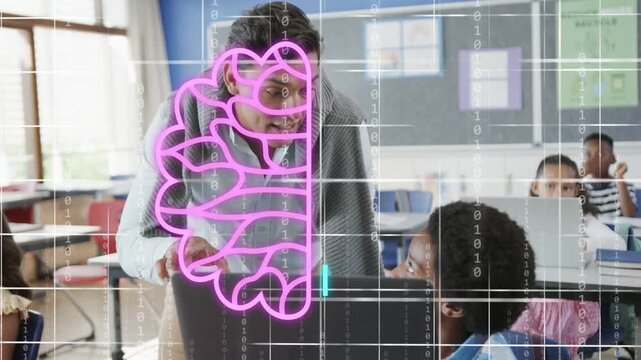 Vertical video: Pointing teacher guiding student at laptop in class while neon brain appearing
