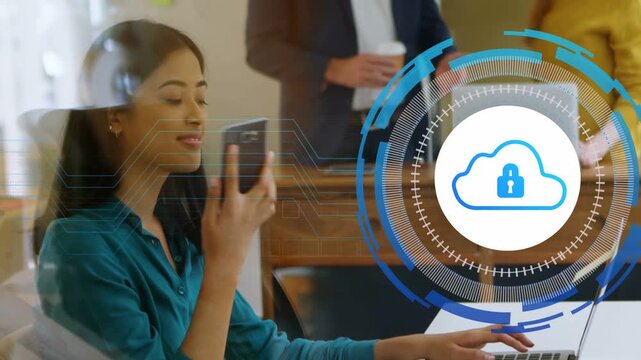 Tech woman getting call alert, grabbing phone, juggling laptop, secure cloud HUD overlay pulsing