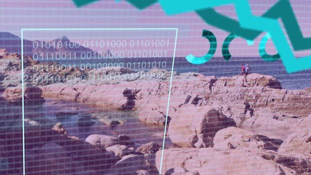 Shot starting man standing on rocks while data overlay appearing analysing rising charts around man