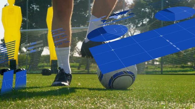 Player placing foot on ball, dragging ball, blue overlays sweeping over dummies for sports training