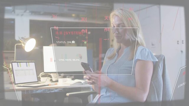 Mature woman tapping phone at tech desk, activating HUD showing STATUS ONLINE monitoring sync-rate