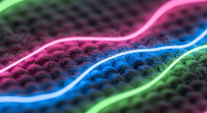 Macro photography of neon glowing fiber optic cables woven into dark knitted fabric representing smart textiles wearable tech and futuristic digital connectivity