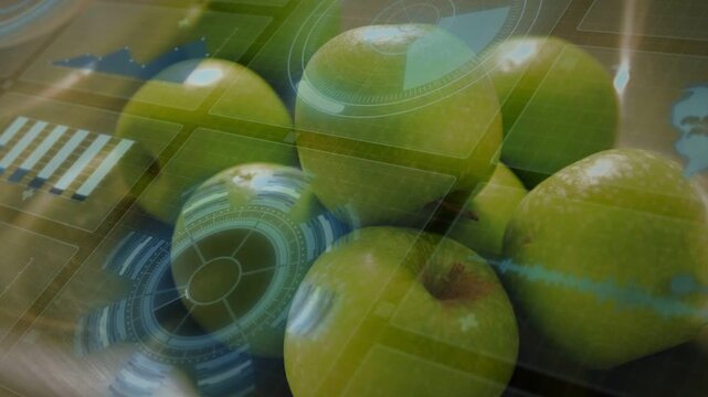 Cluster of green apples in bowl, HUD overlay appearing and spinning over apples, showing tech data