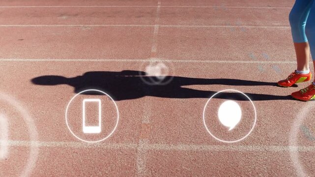 Long shadow falling, icons appearing and growing as runner stepping in, forming nav buttons