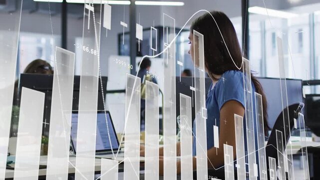 Woman typing on laptop, using mouse and scanning screen as faint finance graphs aiding analysis