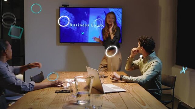 Host entering greeting man then prepping business launch while icons floating over laptop screen