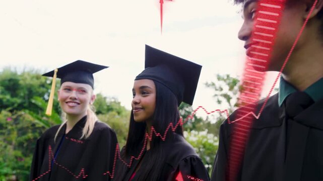 Camera panning revealing grads smiling, red charts sweeping across scene showing finance futures