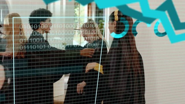 Graduates hugging and celebrating near doorway, initiating academic data graphics forming charts