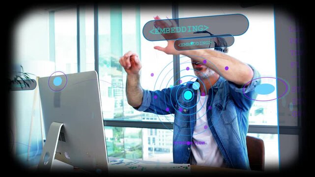 Man putting on VR headset, gesturing to animated HUD embedding tiles, demoing tech with keys