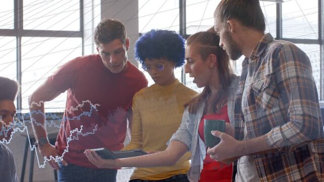 Team of five extending tablet leaning pointing while animated chart growing analyzing business data