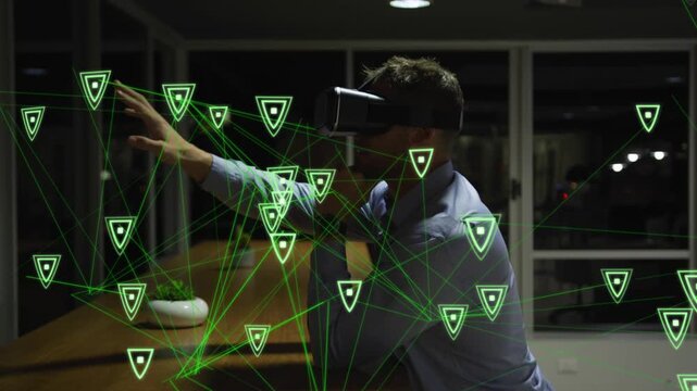 Man wearing VR rig leaning forward reaching, tapping AR nodes over counter clustering for tech demo