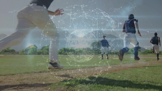 Catcher bracing base as runners sprinting past cam on baseball drill digital globe overlaying team