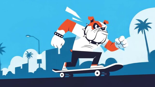 Aggressive Bulldog Skateboarder Rides Through Cityscape.