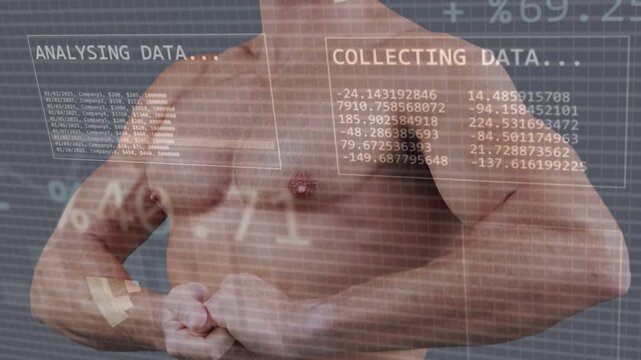 Male subject holding clasped hands as pie appears over chest, HUD scanning and analysing fitness
