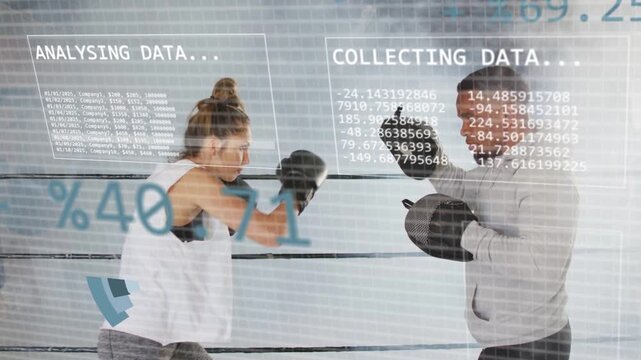 Female boxer stepping and punching jabs at coach, GUI collecting data and syncing charts with hits