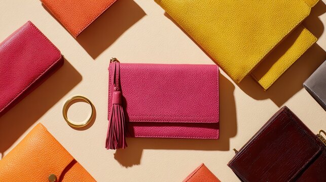 A vibrant collection of colorful leather wallets and clutch purses with a gold ring on a light beige background