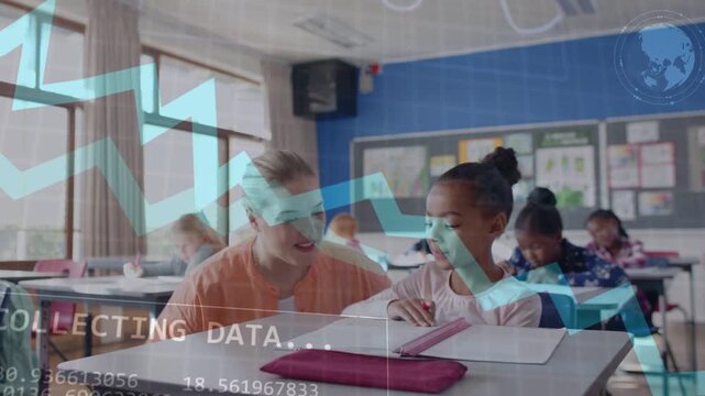 Teacher guiding student, helping complete task in class while data HUD appearing, charts sweeping